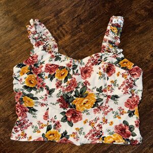 American Eagle Top S Small Colorful Floral Ruffle Cropped‎ Elastic Waist